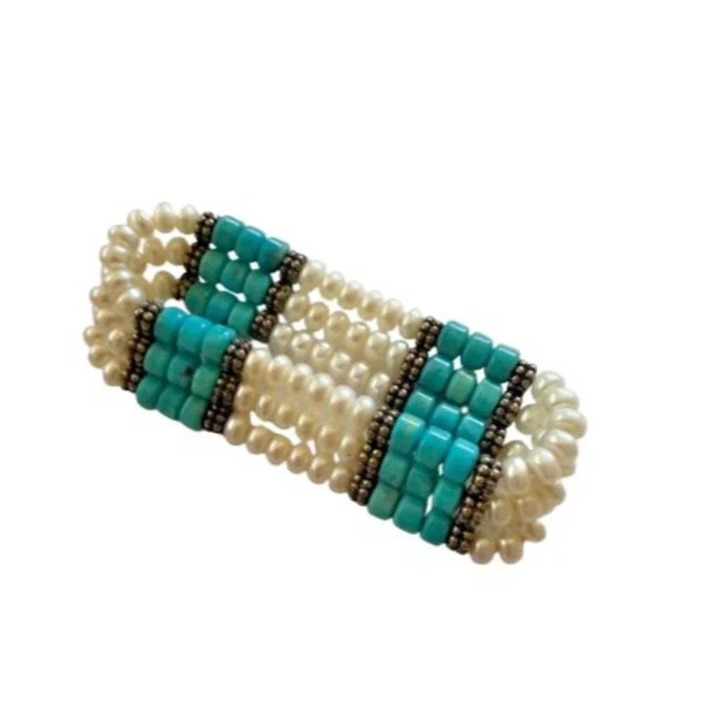 New Vintage Southwest Style Pearl And Turquoise Stretch Bracelet
